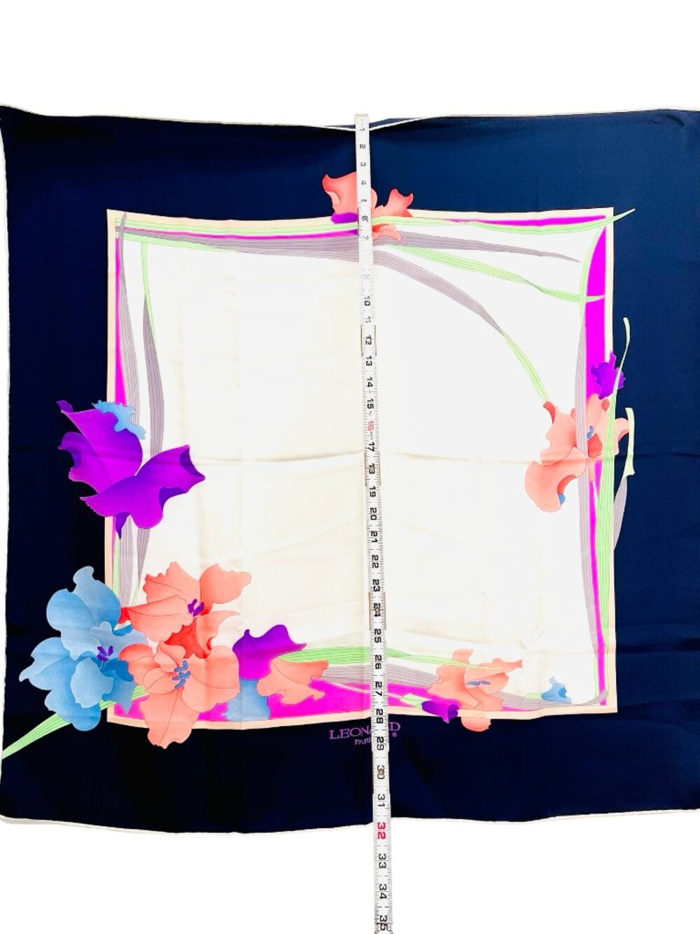 Leonard Paris 100% Silk Scarf 33" Ivery Blue pink purple green floral (79 - Picture 12 of 12